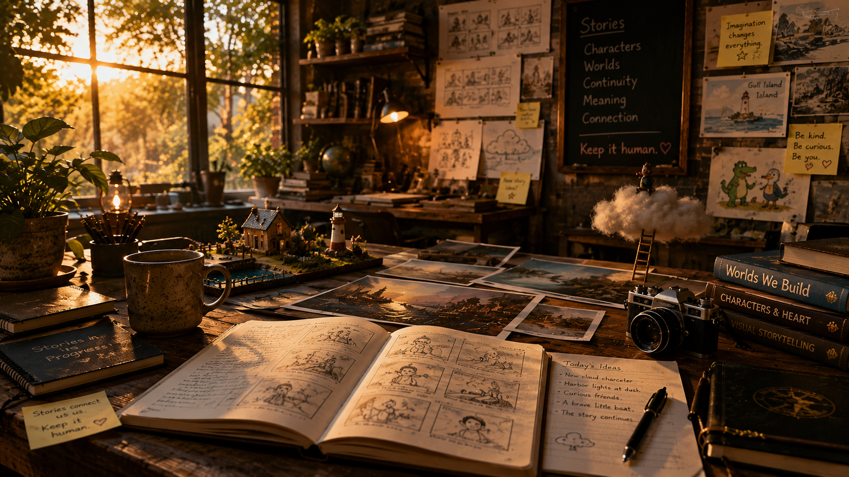 A warm creative studio space with storytelling tools and imagination