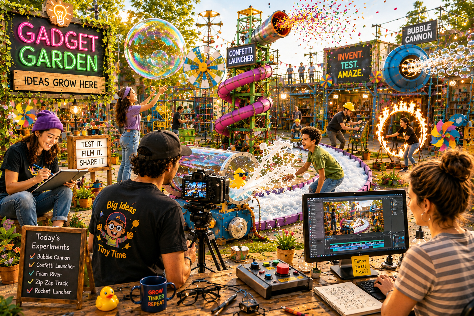 A colorful experimentation playground with confetti launchers and kinetic sculptures