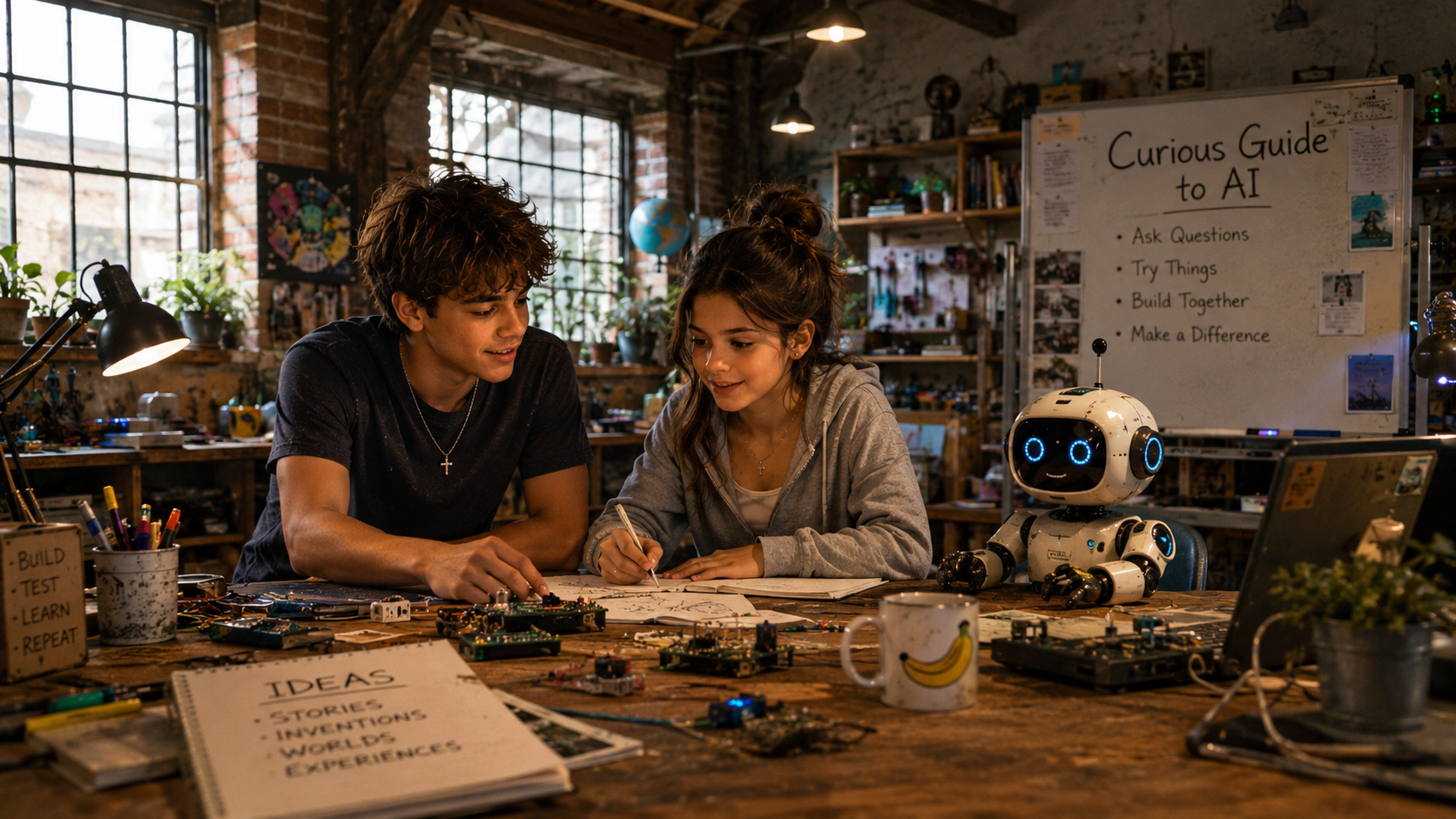 Kai, Maya, and their robot companion working together inside a creative loft workshop filled with projects, inventions, sketches, and experiments.