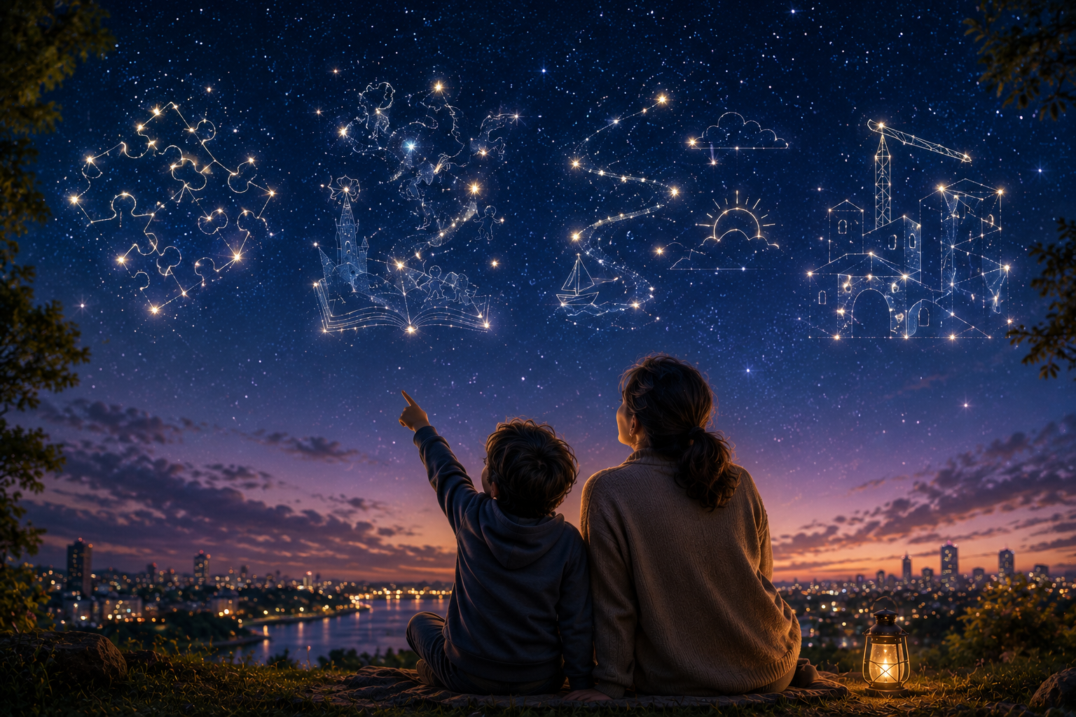 A child and adult looking at imaginative constellations representing human potential, curiosity, imagination, exploration, and discovery.