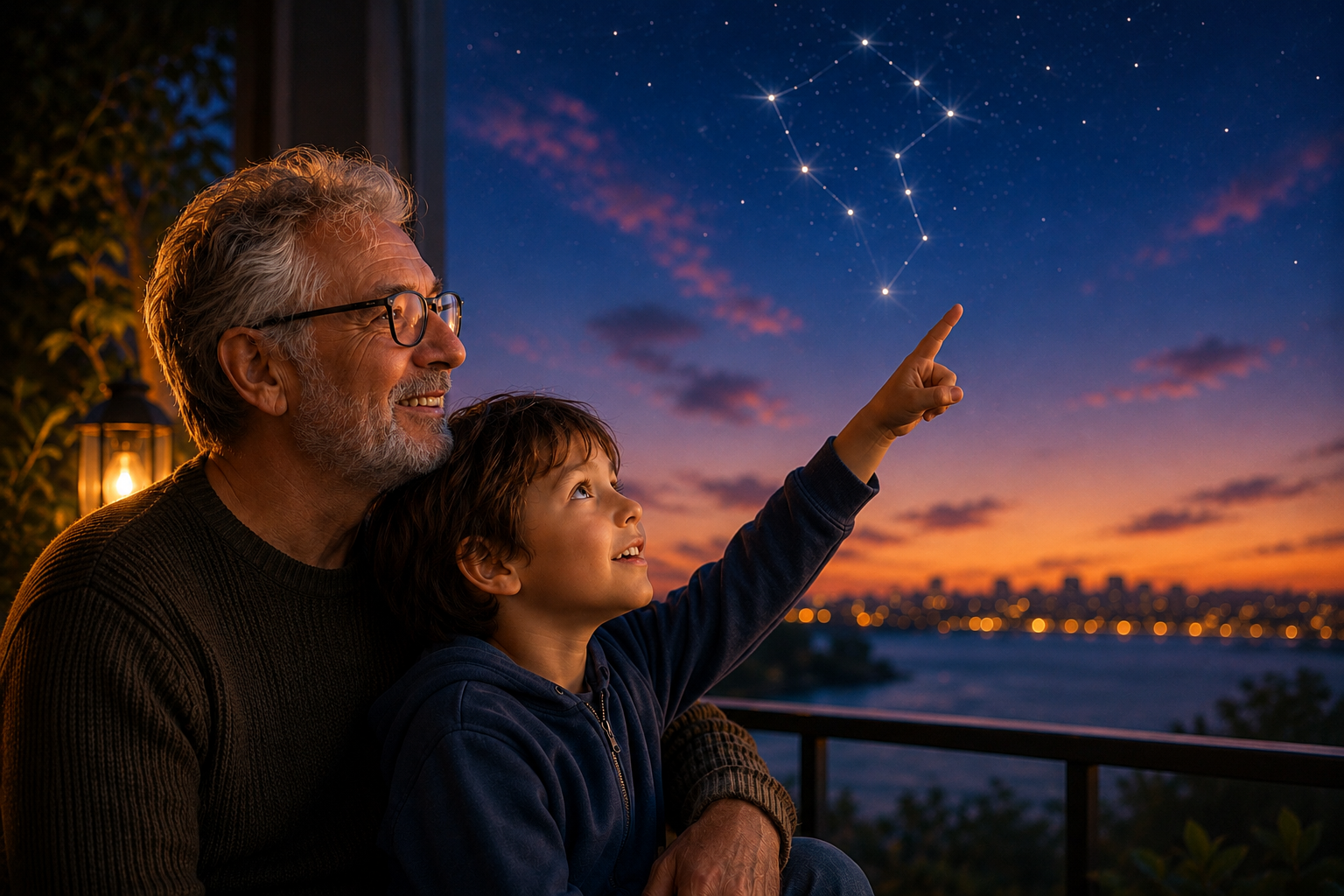 A child and grandparent sharing a moment of curiosity while exploring the night sky together.