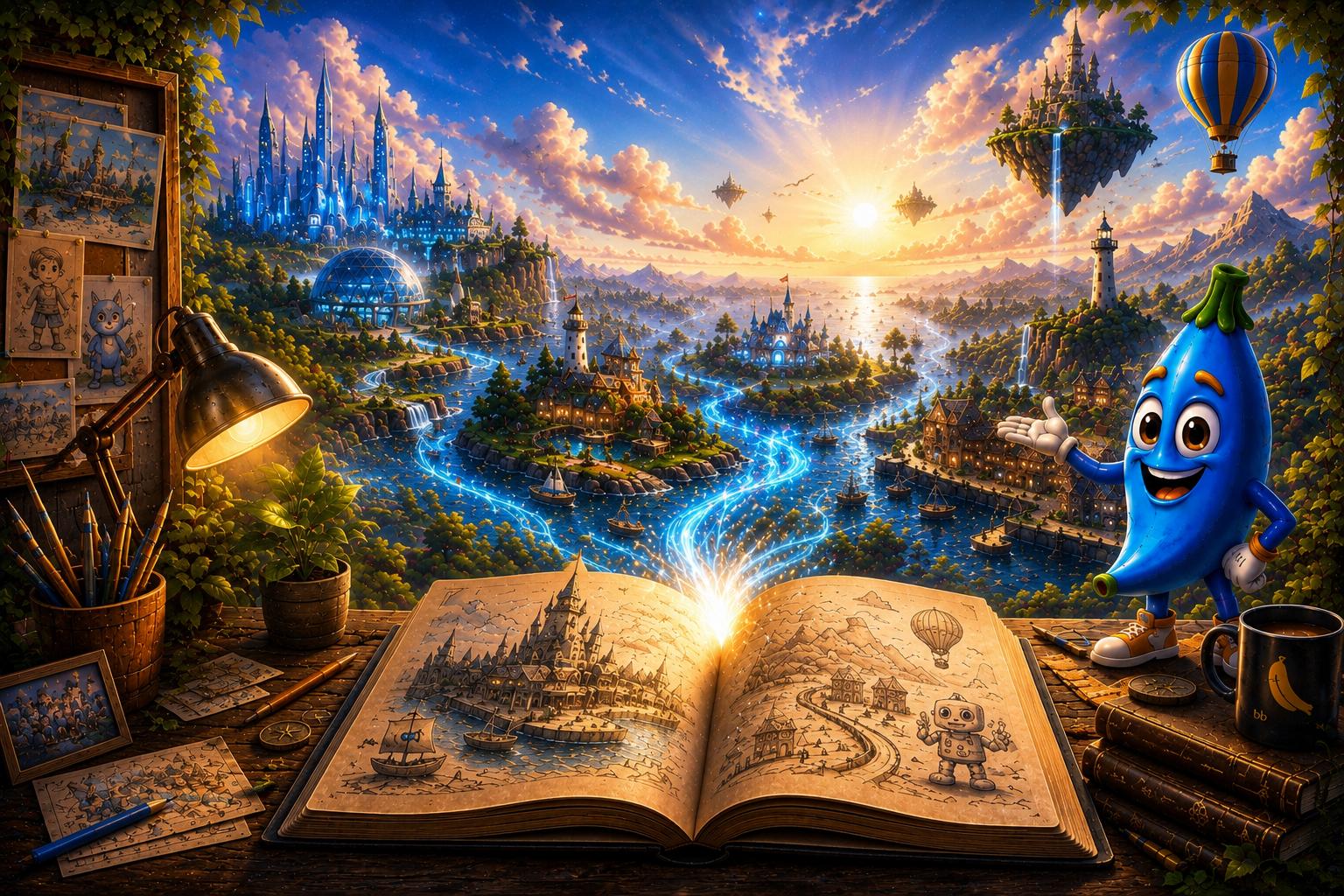 A magical studio desk overlooking story worlds, with the Blue Banana mascot beside an open sketchbook where ideas turn into worlds.