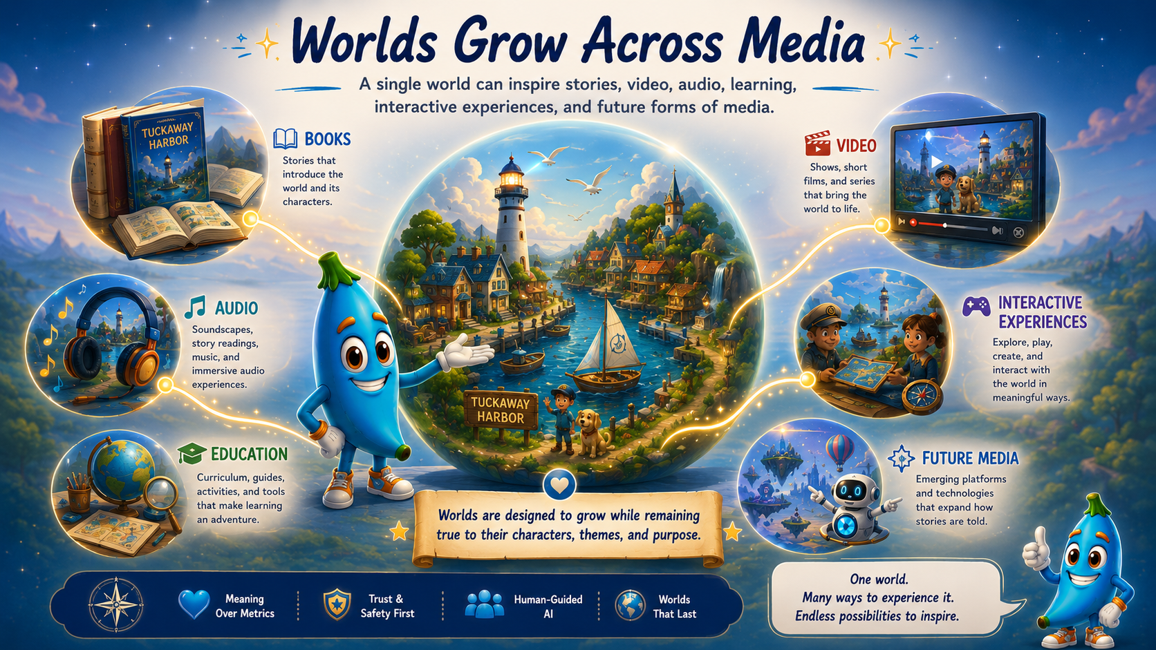 A glowing story world surrounded by books, video, audio, education, interactive experiences, and future media possibilities.