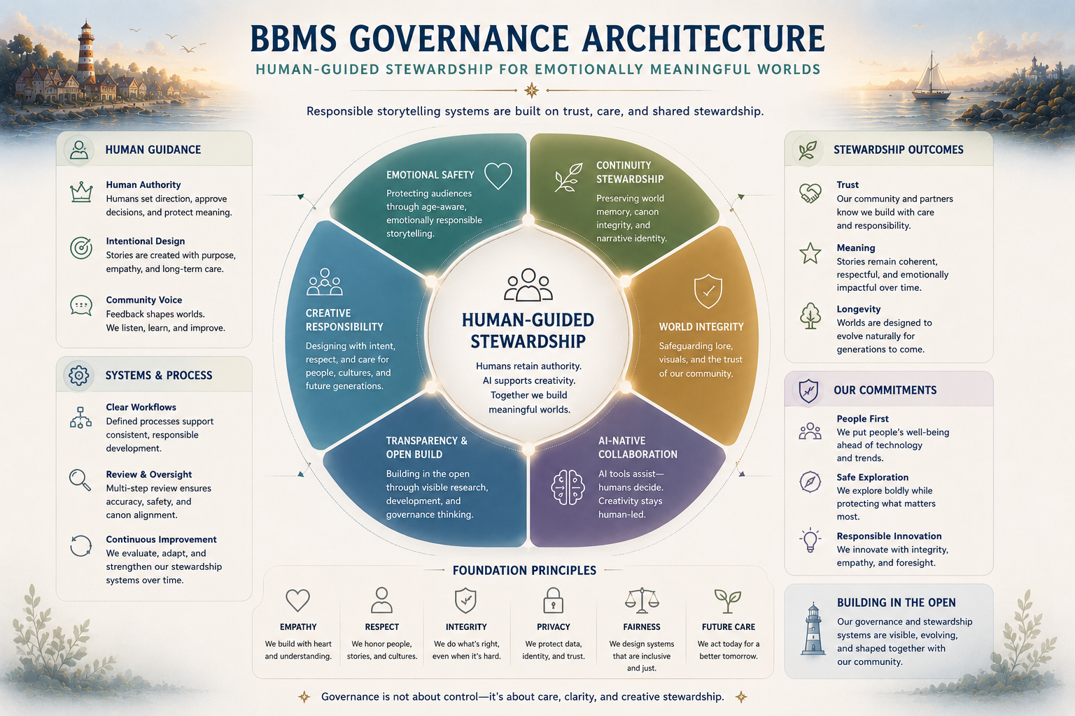 Governance architecture diagram showing stewardship systems, emotional safety, and continuity protection