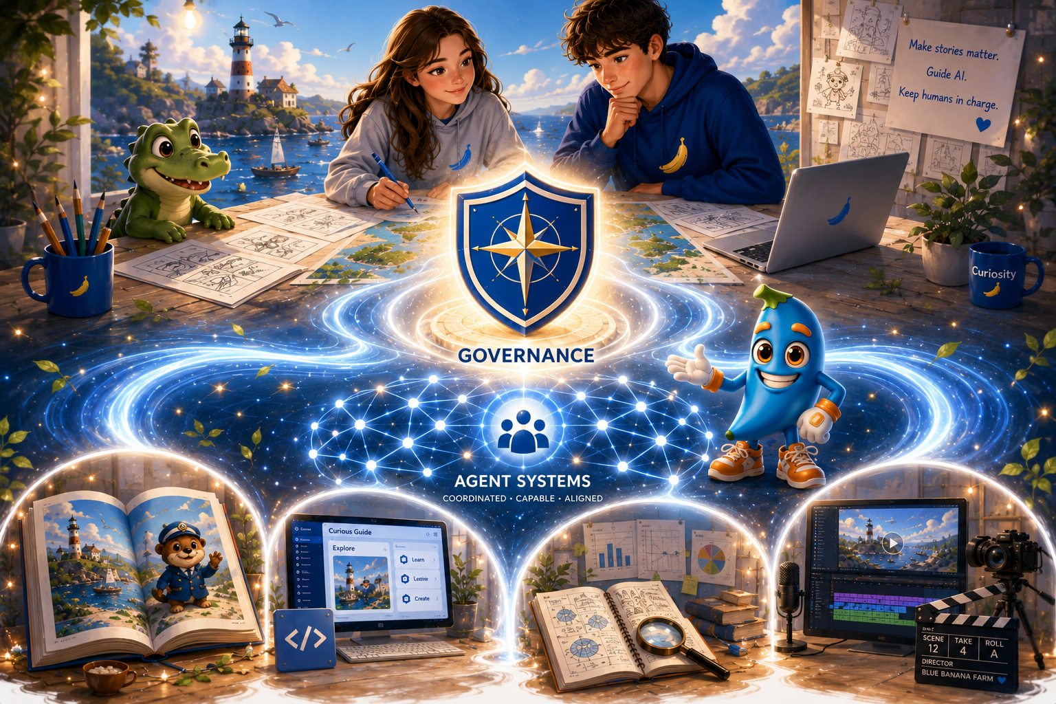 Illustration showing Kai and Maya guiding a creative system where governance and agent systems support stories, software, research, and media.
