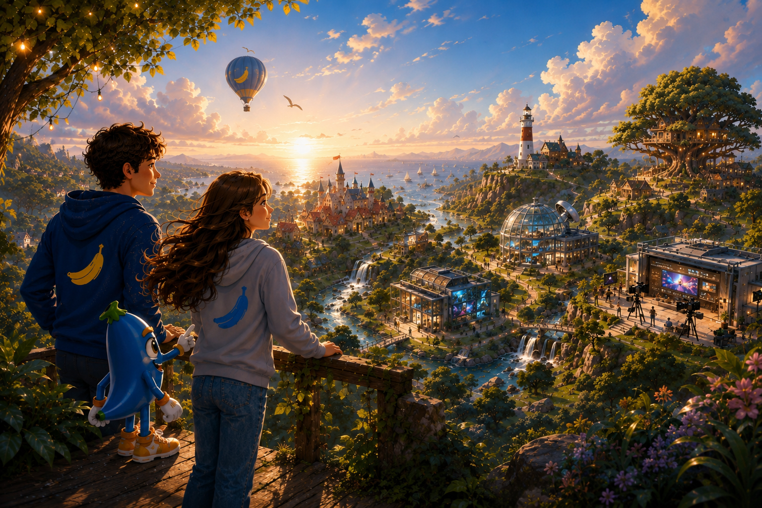 Kai and Maya overlooking a valley where human creativity, governance, and AI systems come together to build stories and worlds