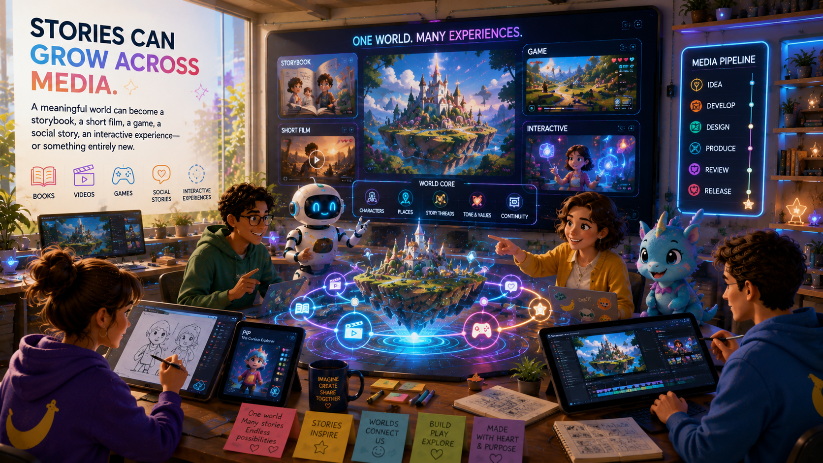 Stories growing across multiple media formats while preserving world identity