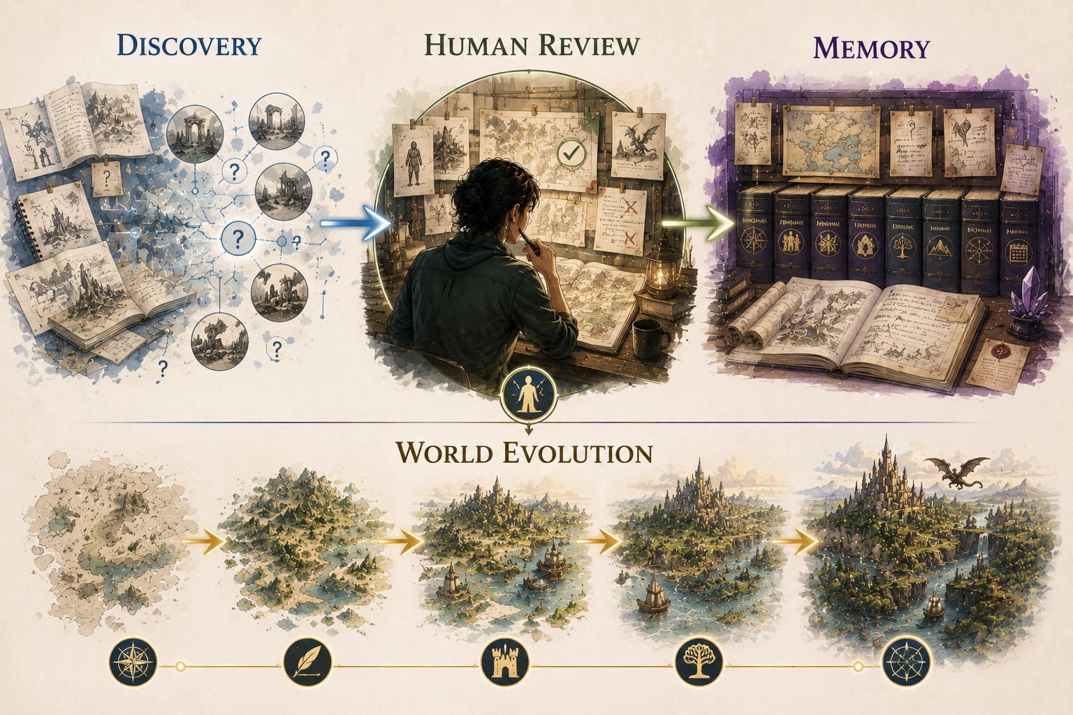 Diagram showing discovery moving through human review into preserved memory and world evolution.