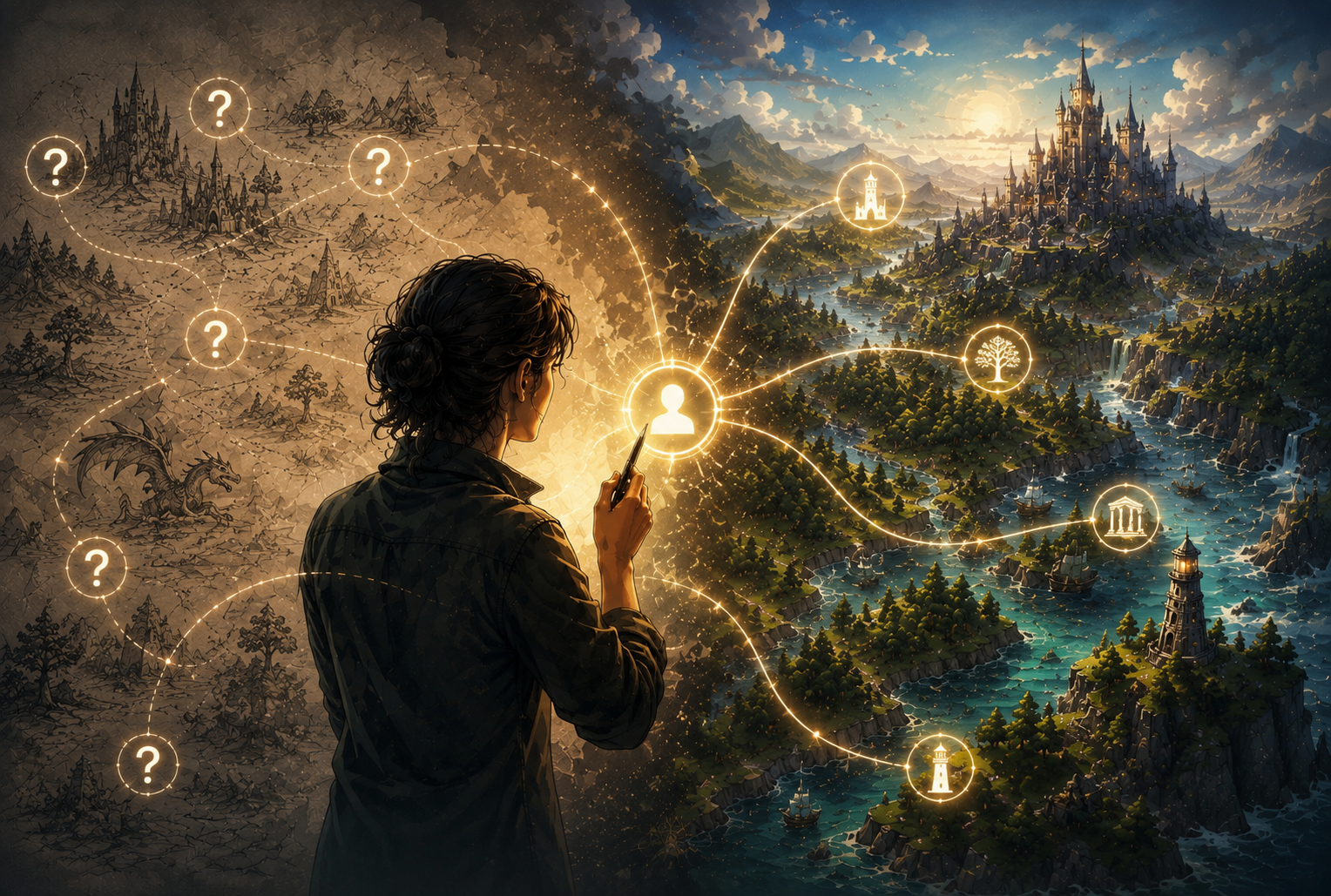 Human-guided world development showing discovery, memory, and world evolution.