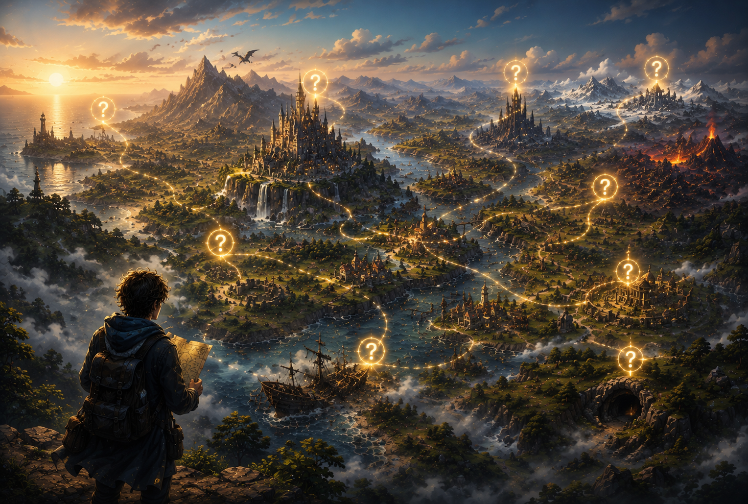 Fantasy world map with glowing mystery markers showing unanswered questions as future story opportunities.