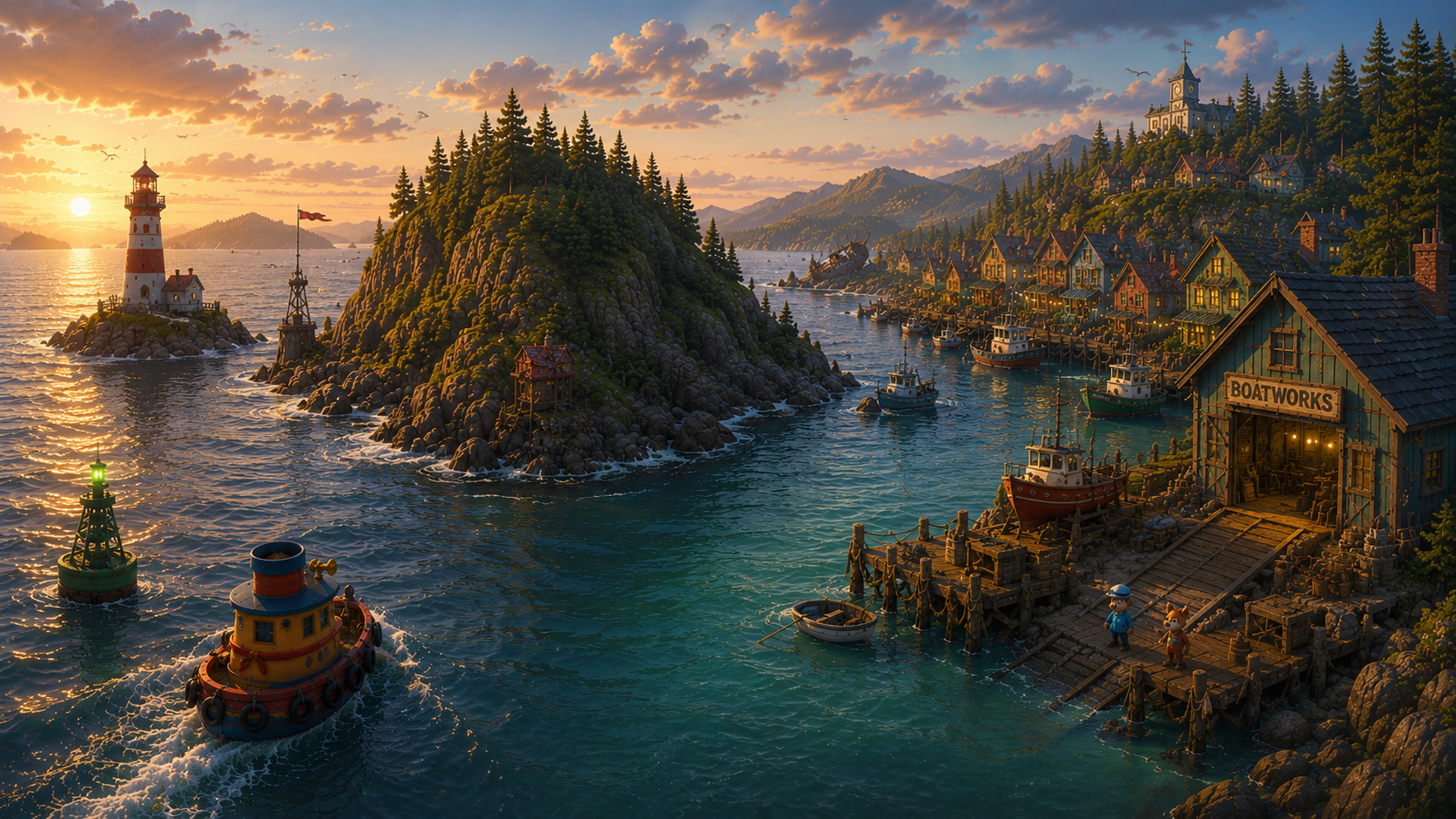 Tuckaway Harbor showing how open water, harbor entrances, Harbor Island, Shipwreck Point, and protected harbor spaces create different experiences.