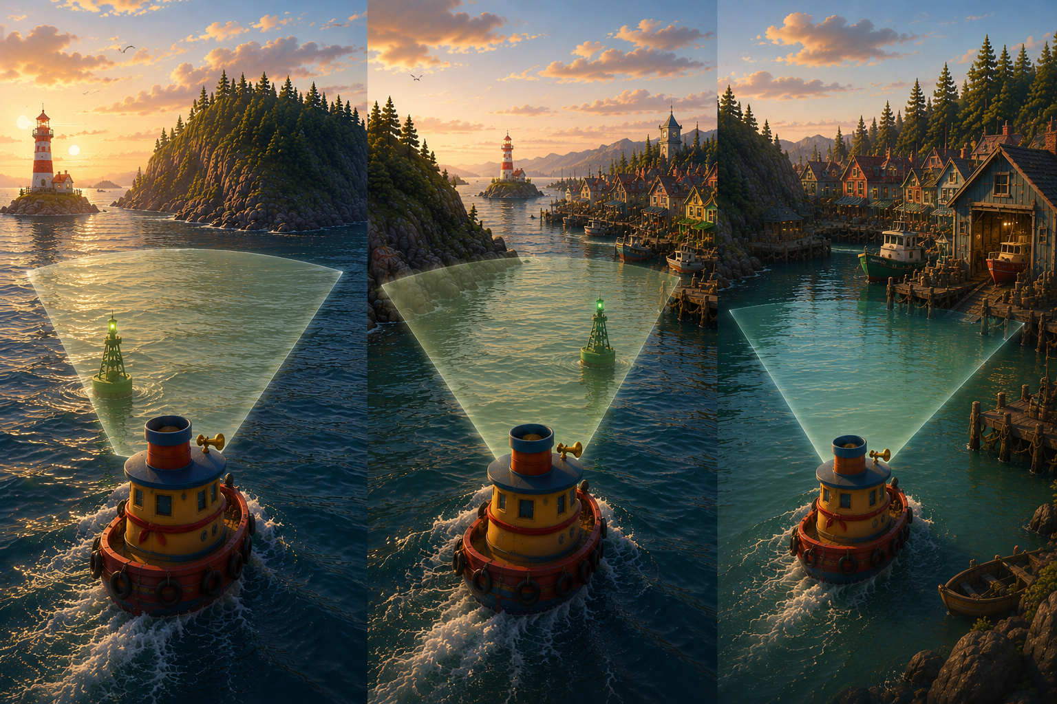 Three positions within Tuckaway Harbor showing how visibility changes as Lil Salty moves through the world.