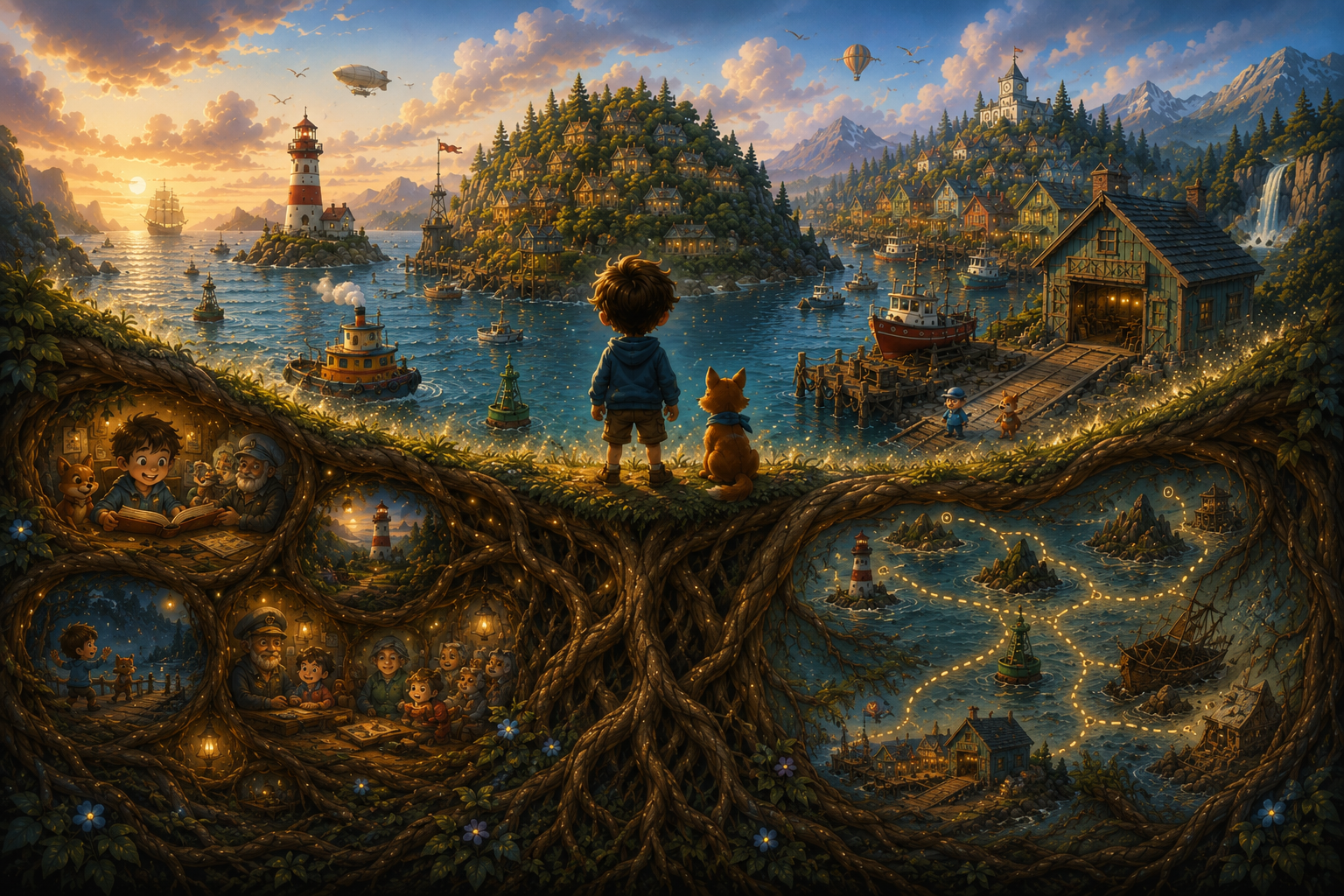 A living story world supported by root-like foundations representing world memory and spatial memory.