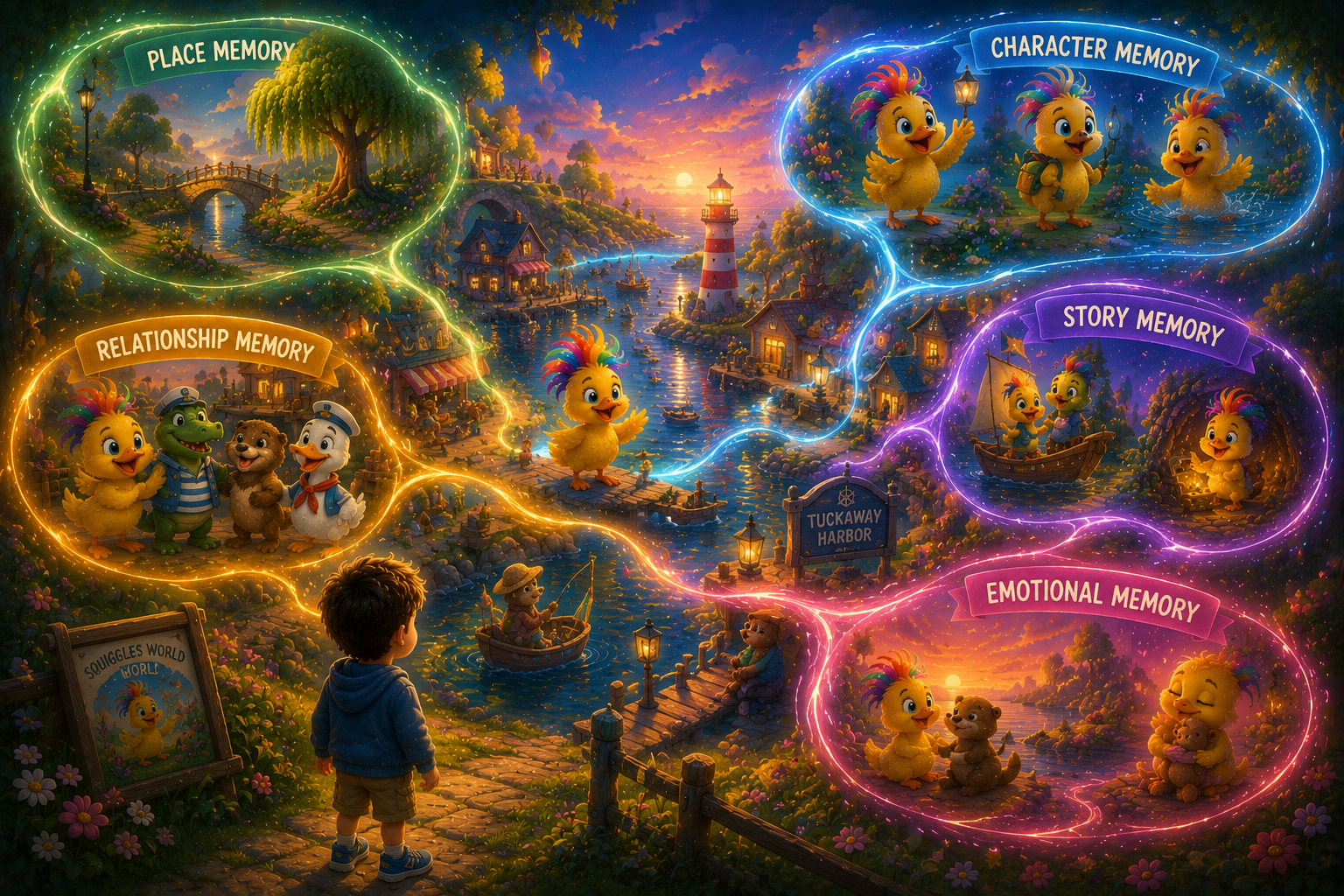 A remembered story world showing place memory, character memory, relationship memory, story memory, and emotional memory woven together.