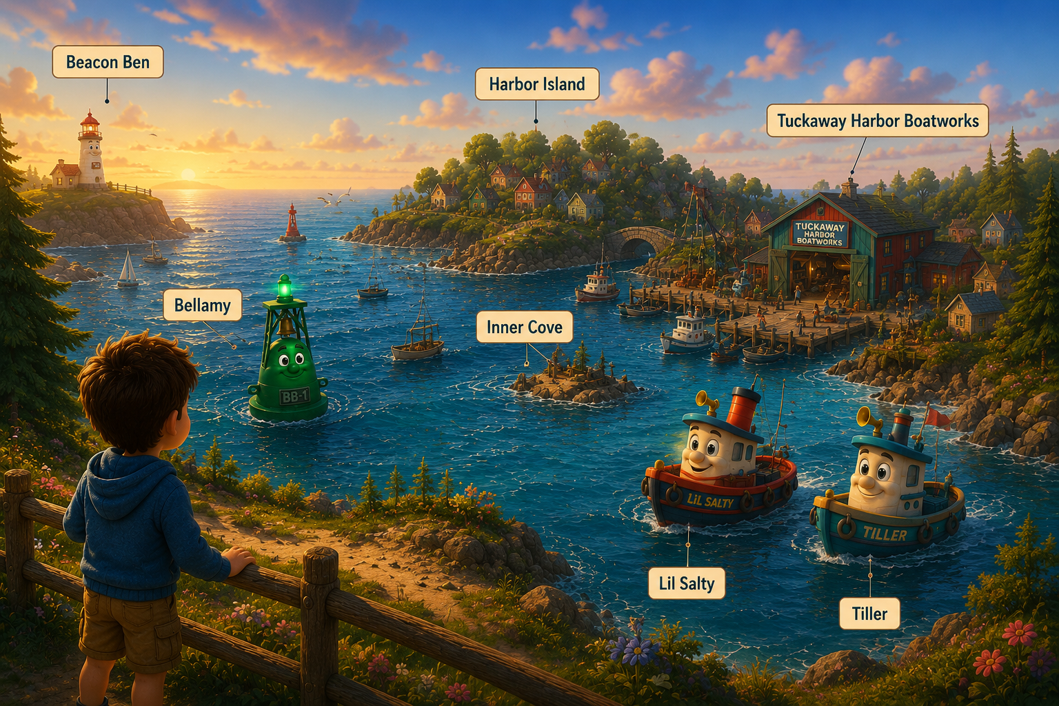 Tuckaway Harbor showing familiar locations including Beacon Ben, Bellamy, Harbor Island, Inner Cove, Shipwreck Point, and the Boatworks.