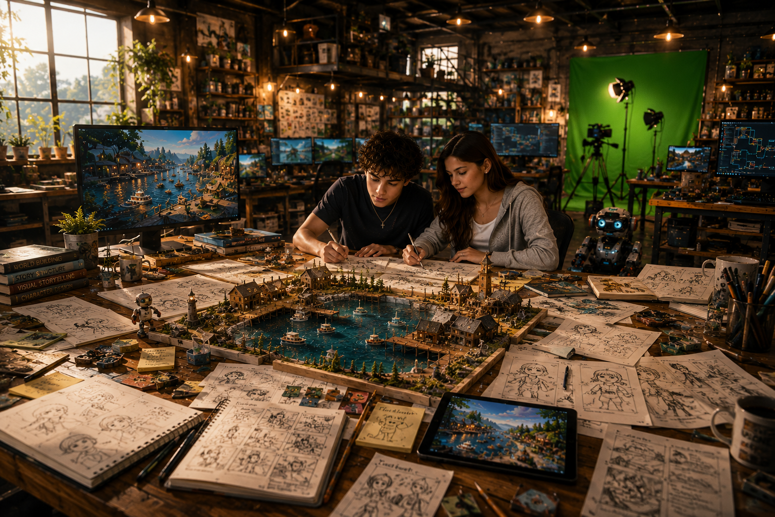Two young creators collaborating at a workstation with creative tools