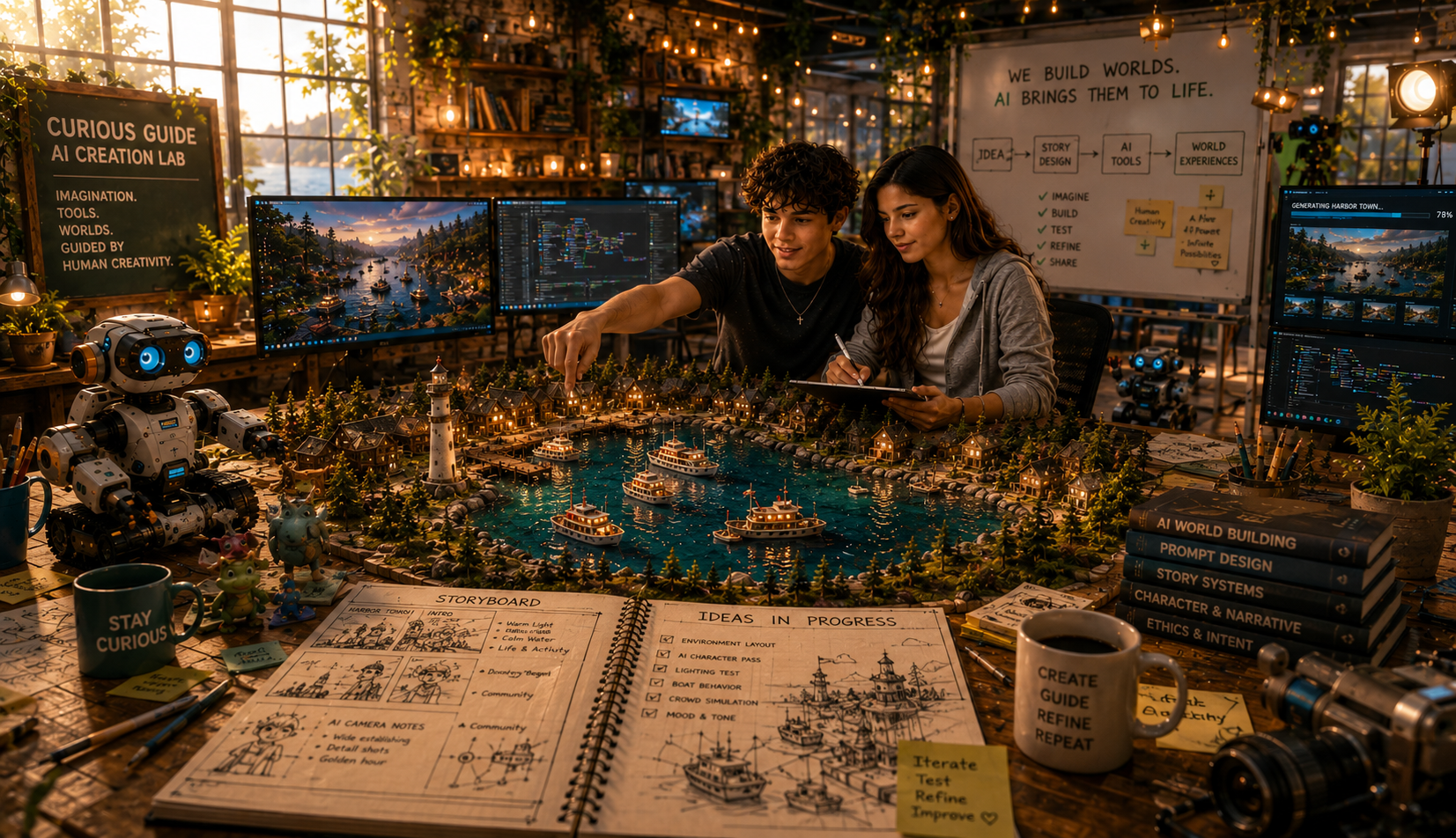A creative worktable filled with miniatures, sketches, and prototyping tools