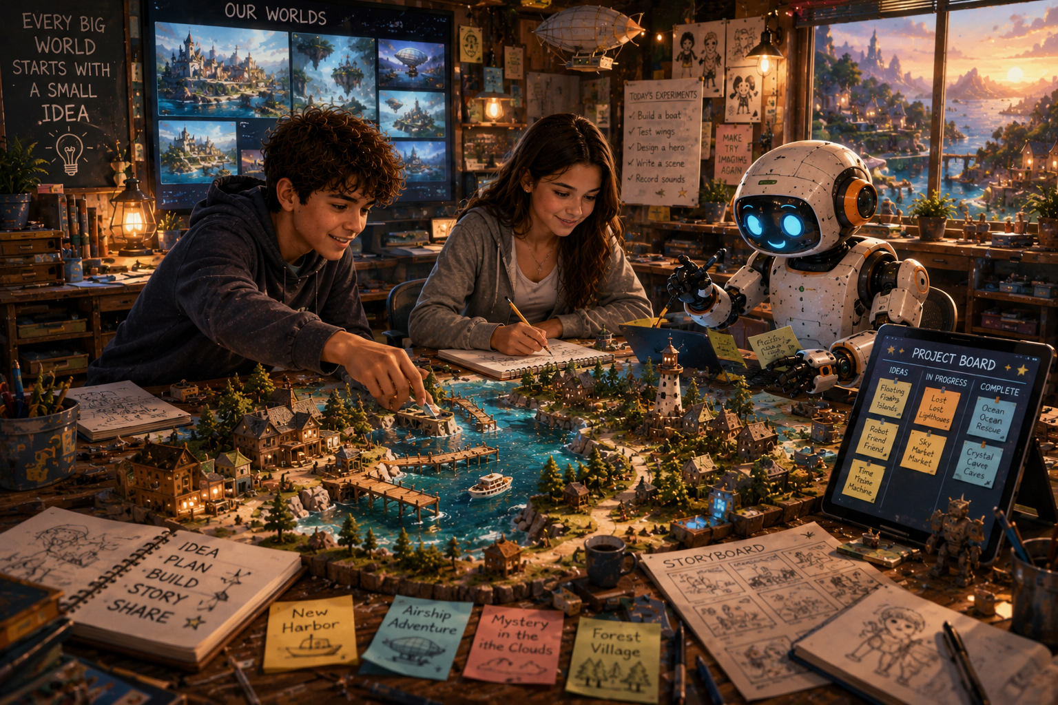 Kai, Maya, and their robot companion collaboratively building a miniature world, testing ideas, sketching stories, and creating projects inside the Idea Workshop.