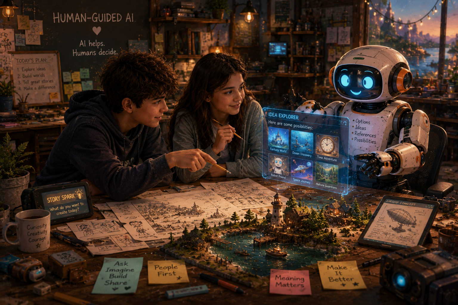 Kai and Maya work alongside a helpful robot inside the Idea Workshop while reviewing creative ideas and world-building concepts together.