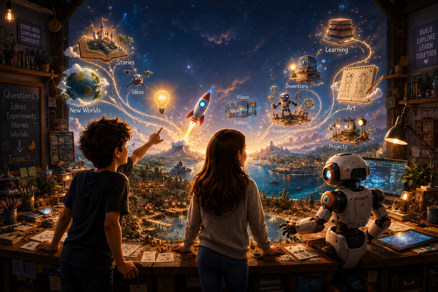 Kai, Maya, and their robot companion standing inside the Idea Workshop as possibilities, inventions, stories, worlds, and creative projects emerge from curiosity and imagination.