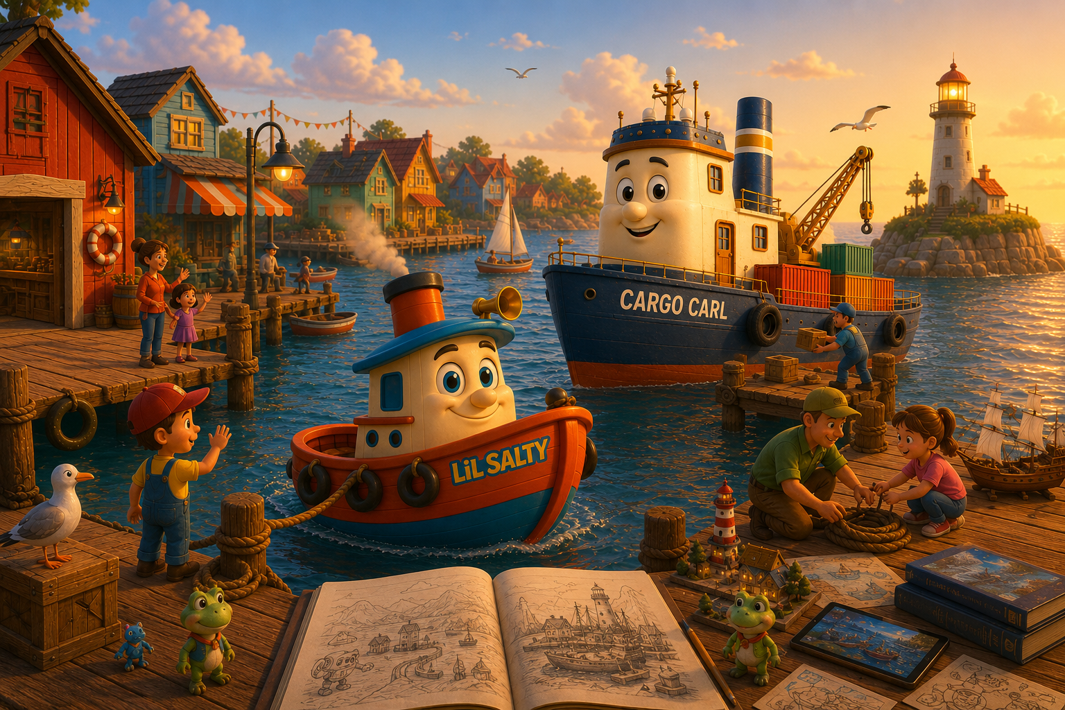 A warm harbor community scene with boats at dock