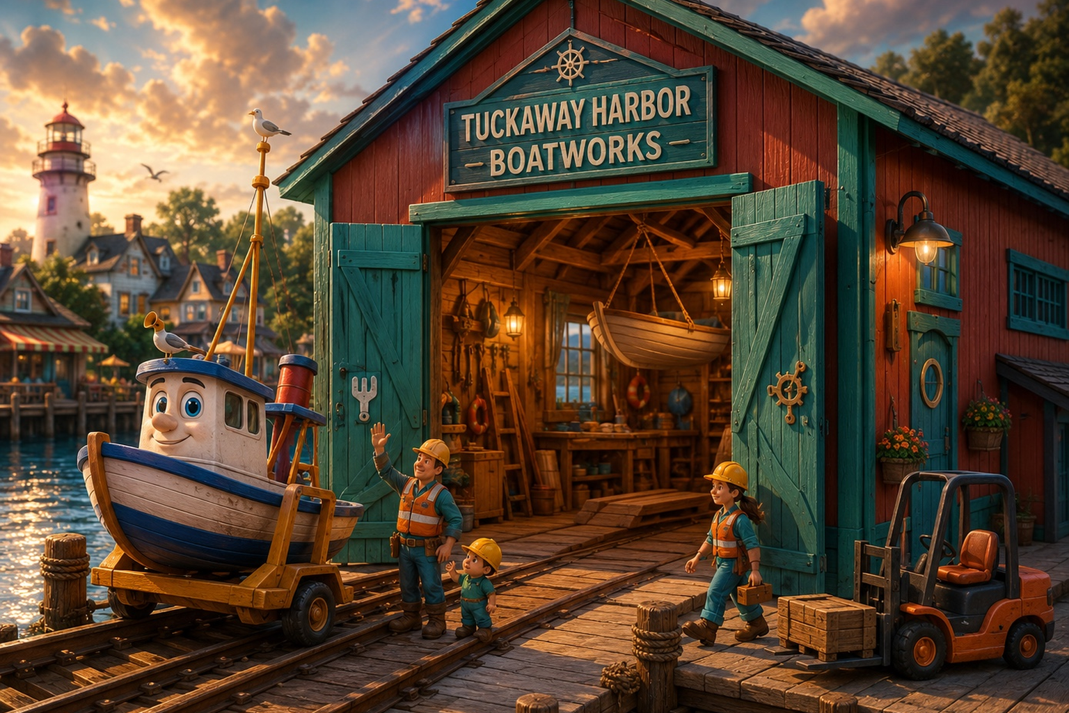Tuckaway Harbor Boatworks where harbor crews repair, maintain, and build boats that keep the community moving.