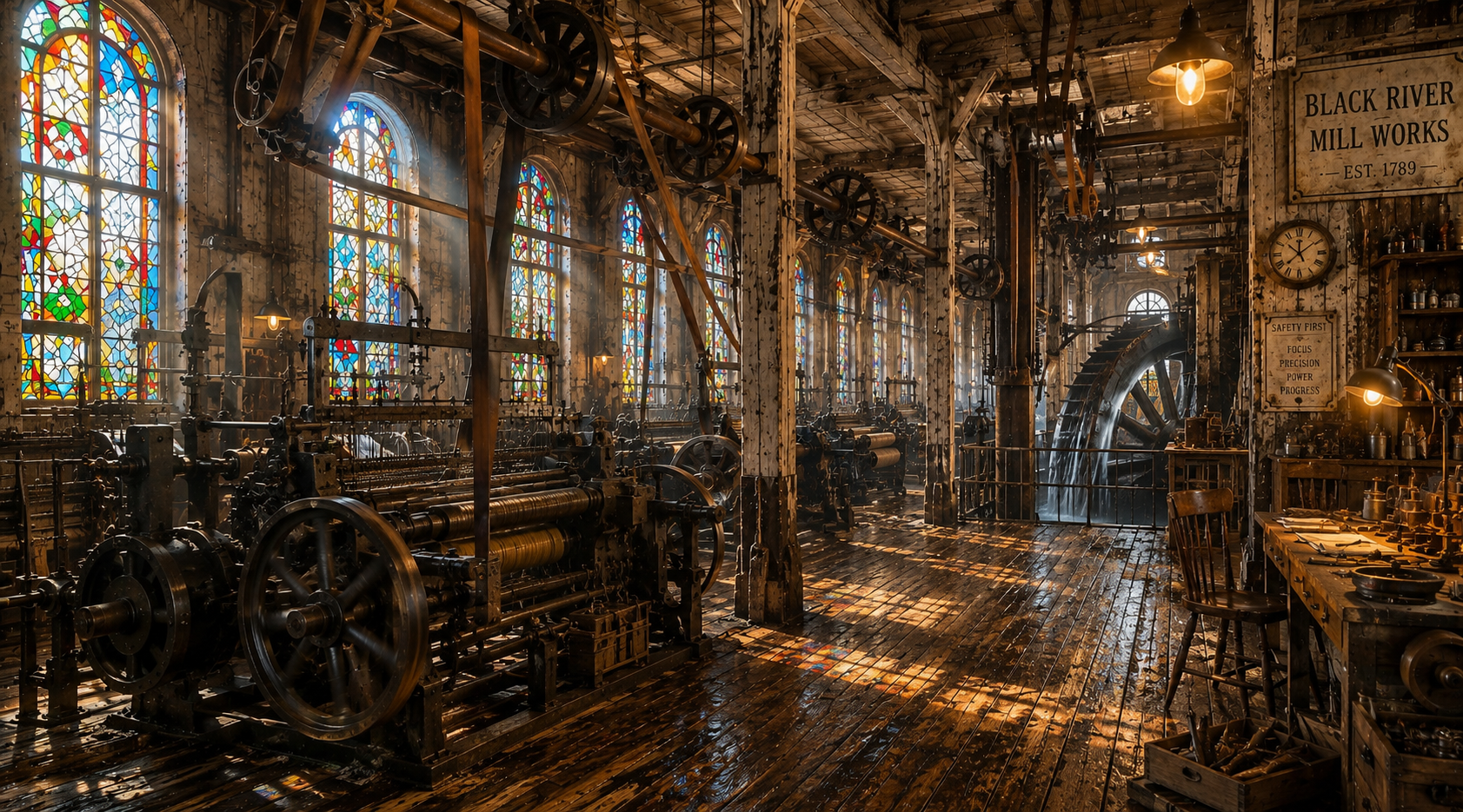 Interior of an old mill with machinery silhouettes and stained-glass lighting