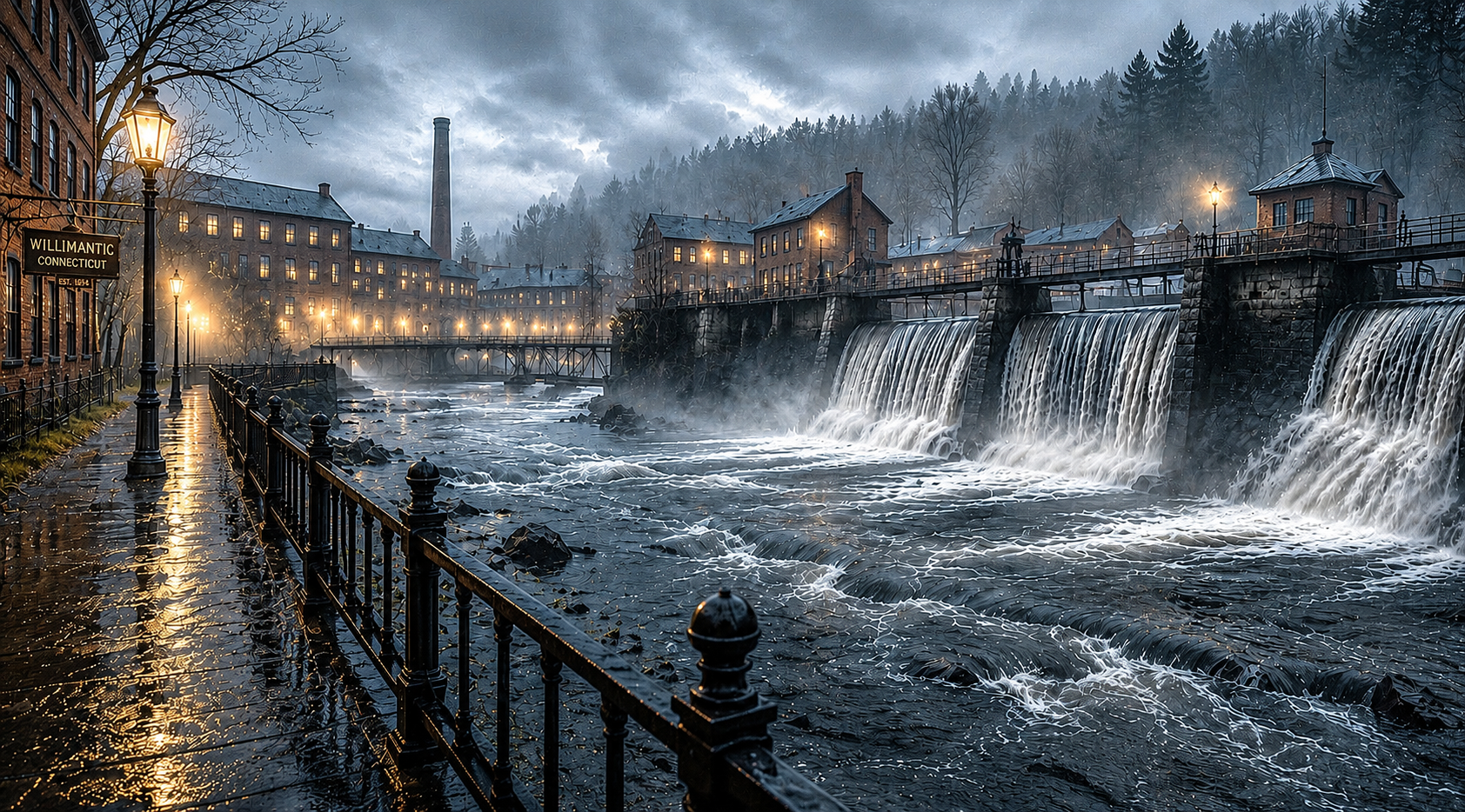 A misty river at night with spillway reflections and practical light glow